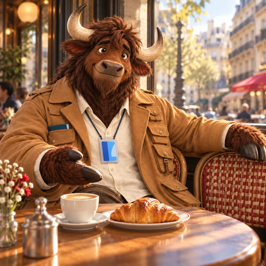 Gaspard's hand indicates the place in front of him, with a croissant nearby and a café crème left untouched.