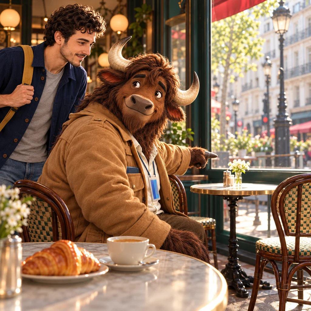 Over Gaspard's shoulder, Gaspard twists on two chairs and points at the empty window table where Sam still stands.