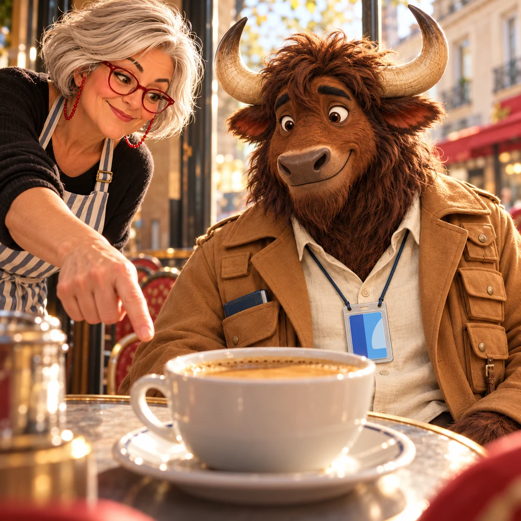 A close-up of the full café crème sitting in front of Gaspard as Odile points at the cup.