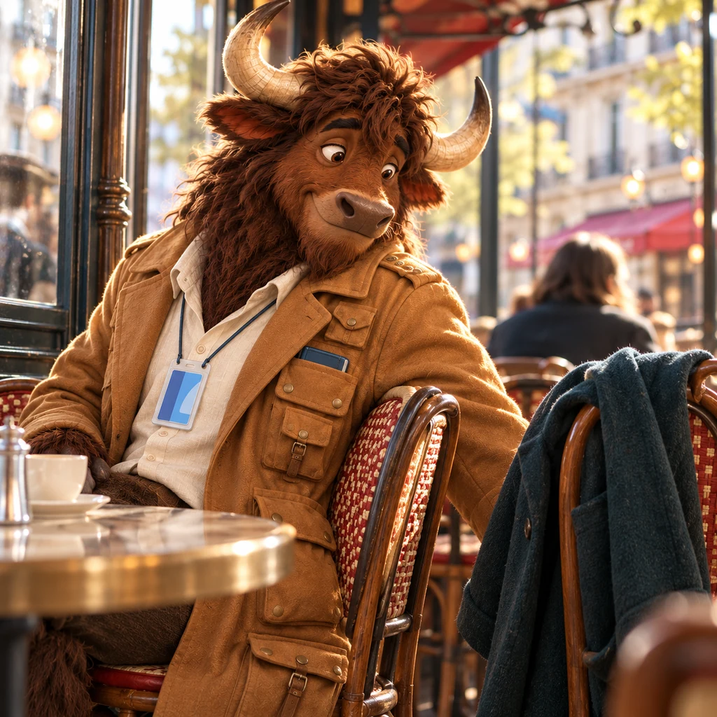 A profile of Gaspard twisted on a pair of chairs to look behind, where a coat hangs on a bentwood chair.