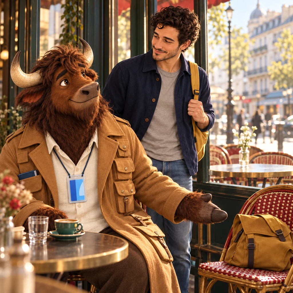 From behind Gaspard's shoulder, Sam stands by the chairs with a bag on the extra chair next to Sam.