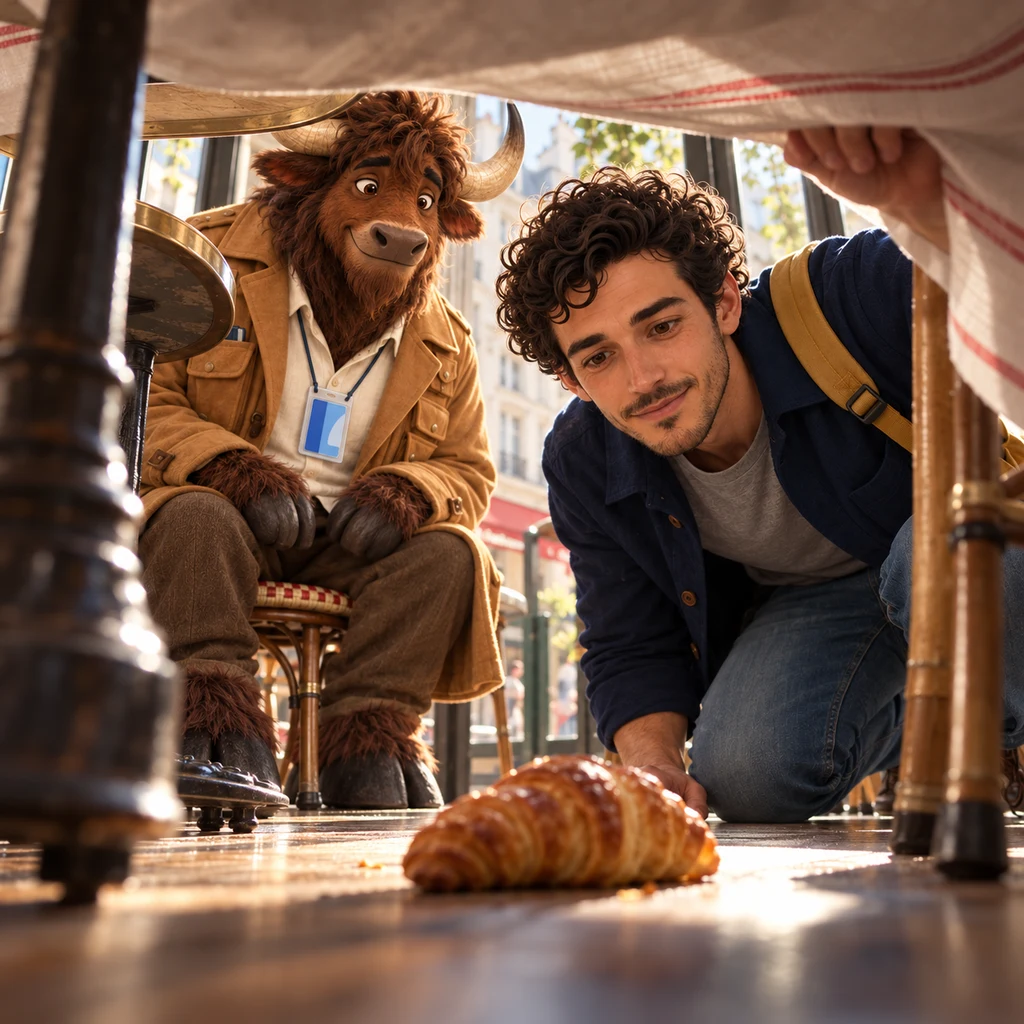 A low view from the floor of Sam lifting the tablecloth to reveal a croissant under the table beside Gaspard's chairs.