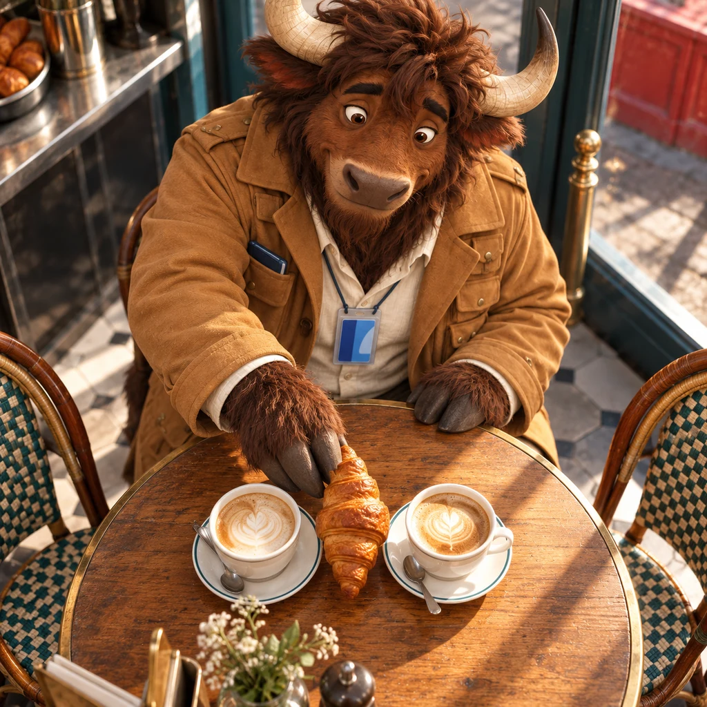 A high view of Gaspard setting a croissant between a pair of cups on the table.