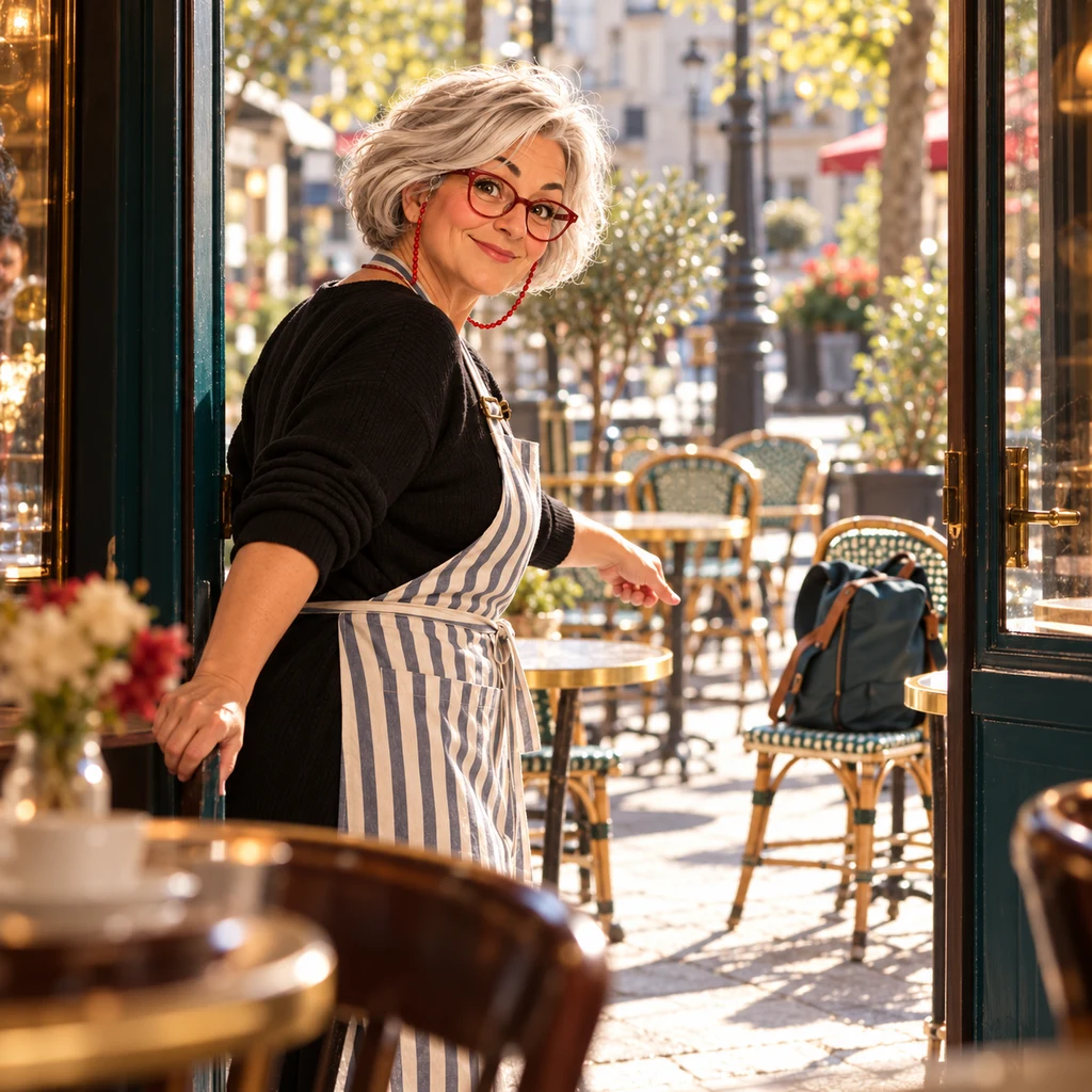 Odile stands in the café doorway pointing out at a backpack on a sunlit terrace chair.