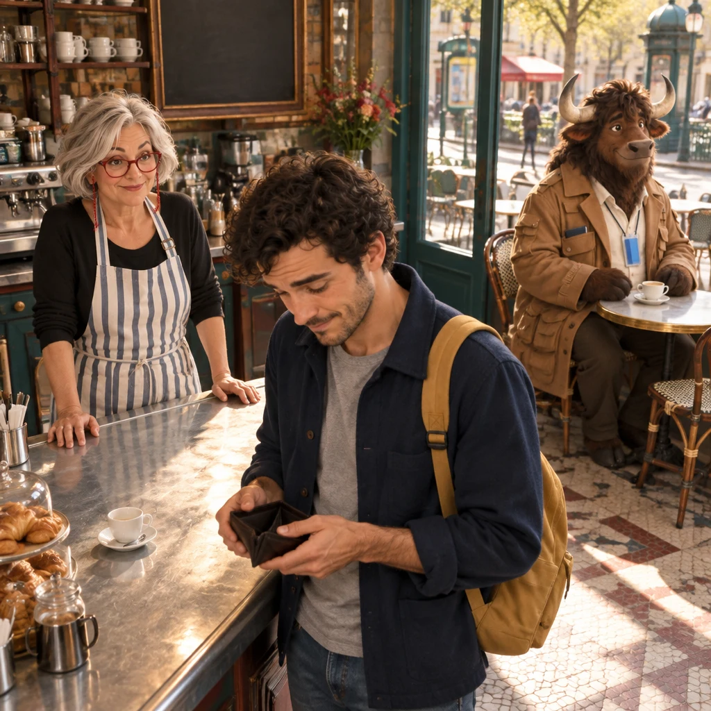 A high-angle view of Sam looking into an empty open wallet while Odile waits and Gaspard stays at the next table.