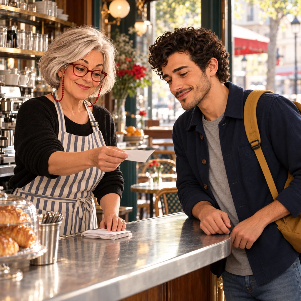 Odile holds a short paper slip out toward Sam across the zinc counter.