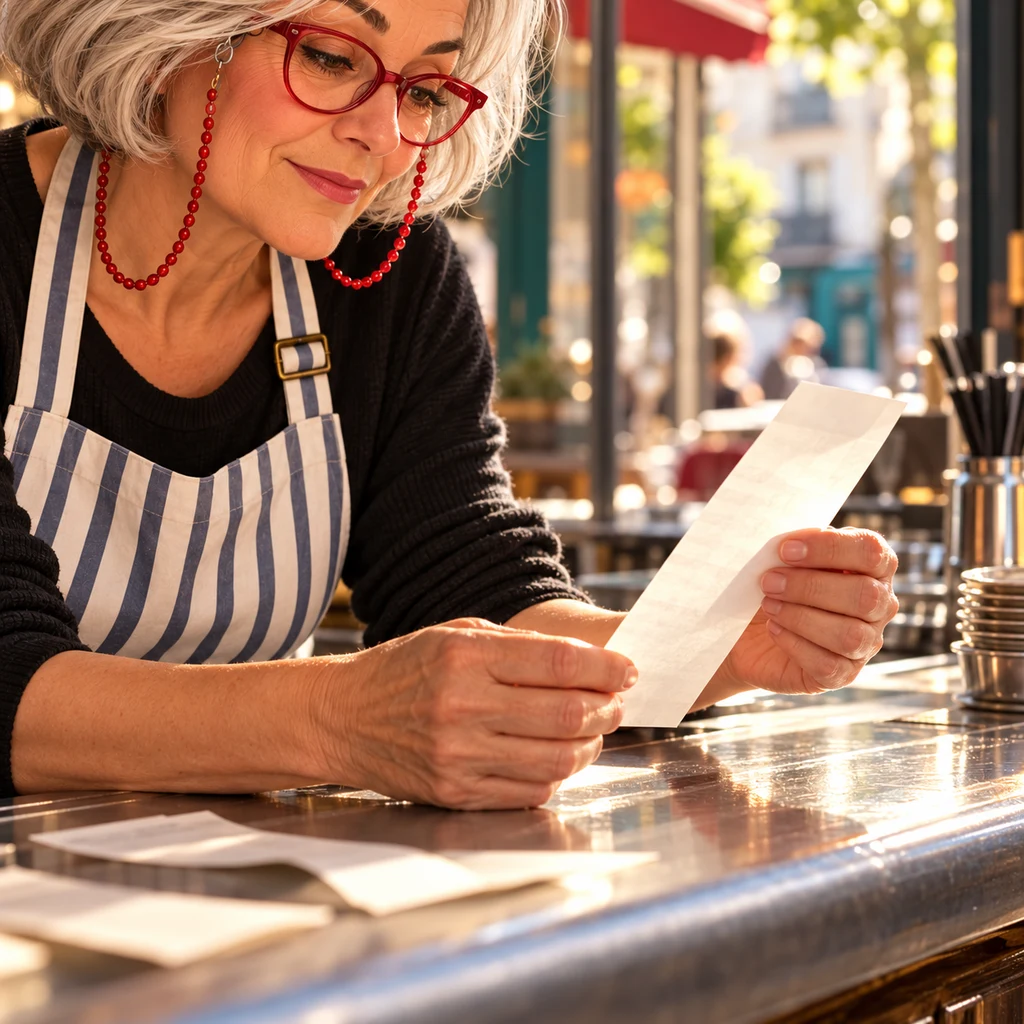 Close-up of Odile's hands holding a longer paper slip above the counter.