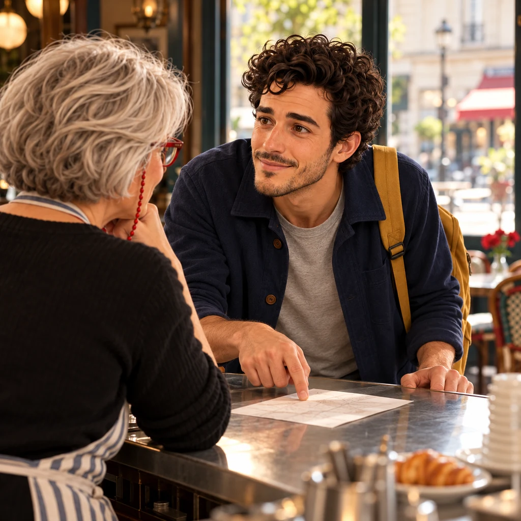 Over Odile's shoulder, Sam leans in and points at a paper slip on the counter.