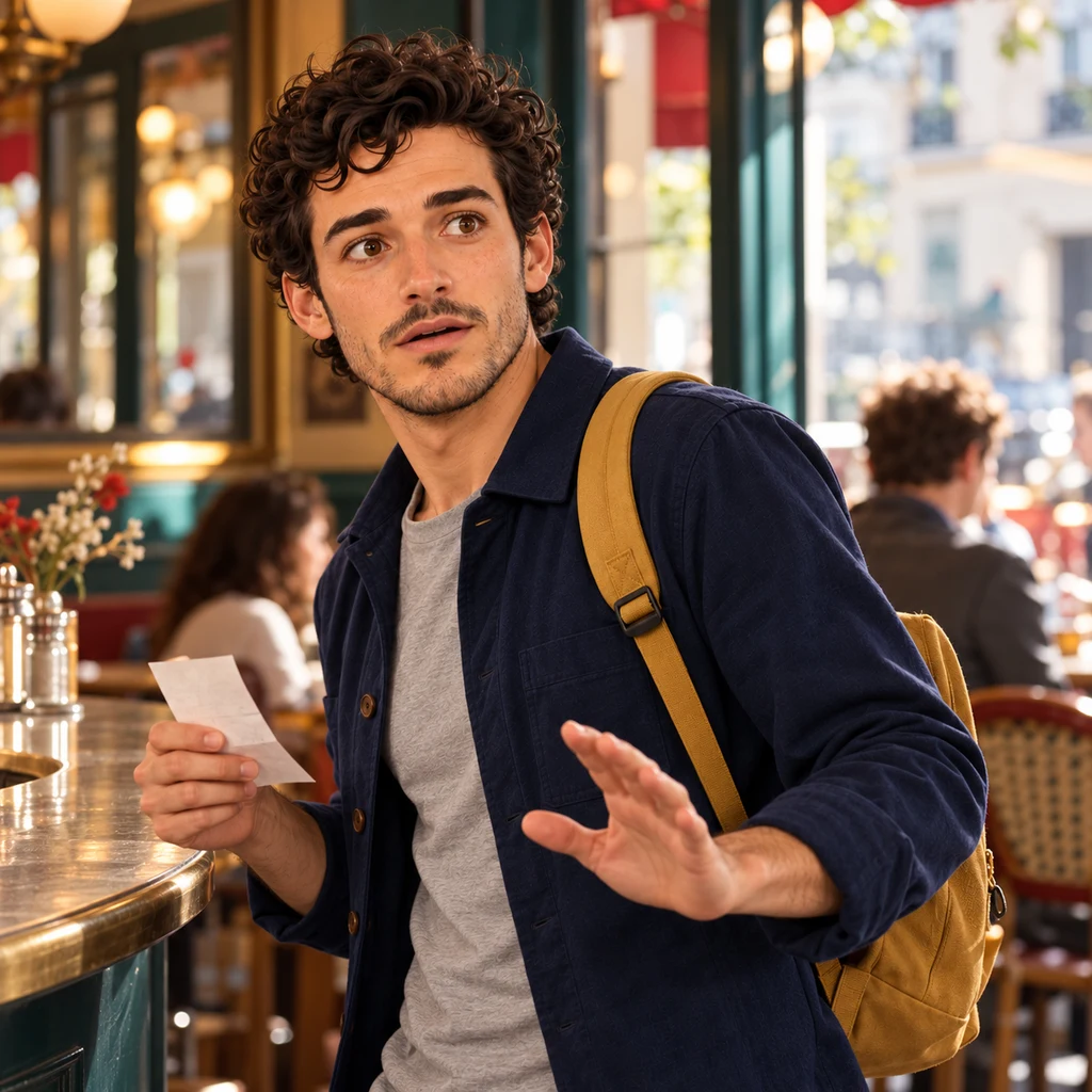 Close-up of Sam stepping back from the counter, startled, with open palms and a paper slip in one hand.