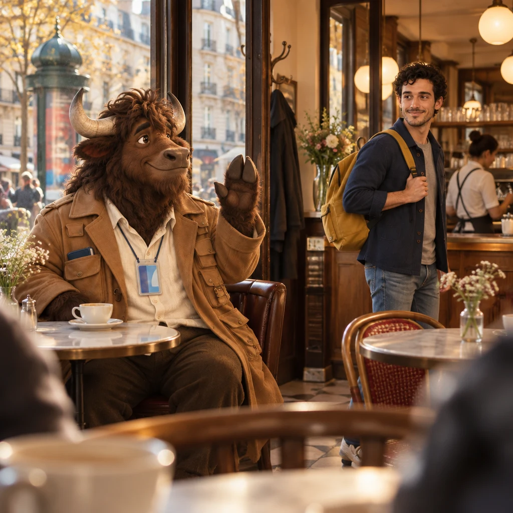 Low angle of Gaspard occupying two chairs by the window, arms spread over an unfinished café crème, as Sam looks over from the counter.