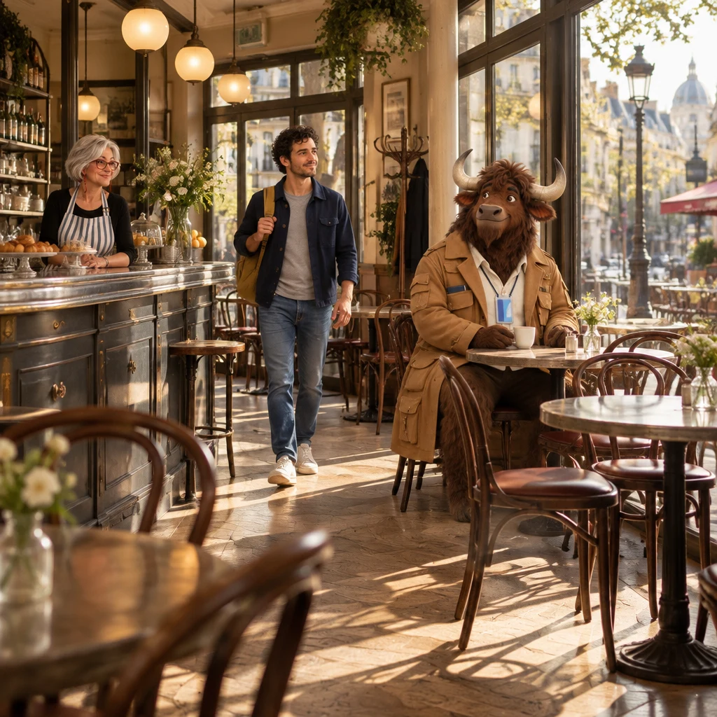 Sam walks toward the empty window table while Odile watches from the counter and Gaspard sits at the next table.