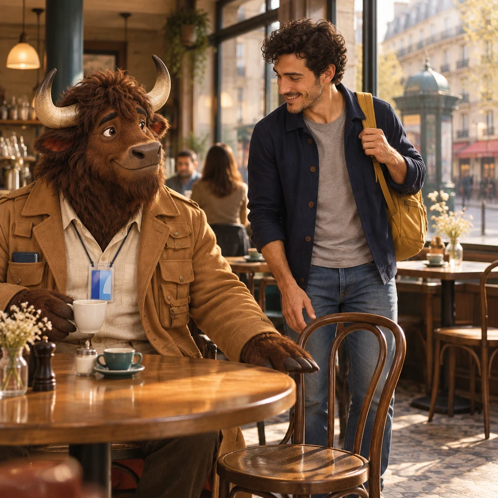 Gaspard pats an empty chair at Gaspard's table so Sam will sit there instead of at the window.