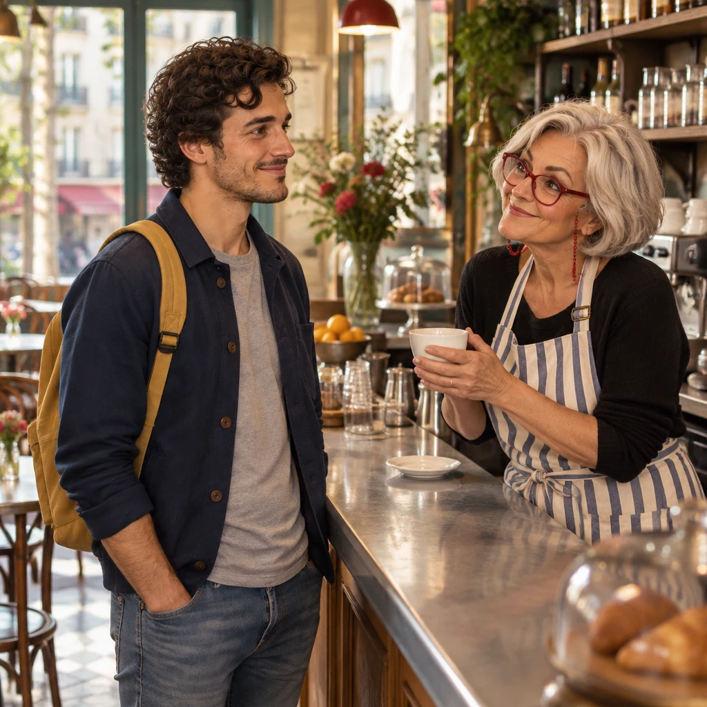 Sam and Odile face each other across the zinc as they exchange a morning hello.