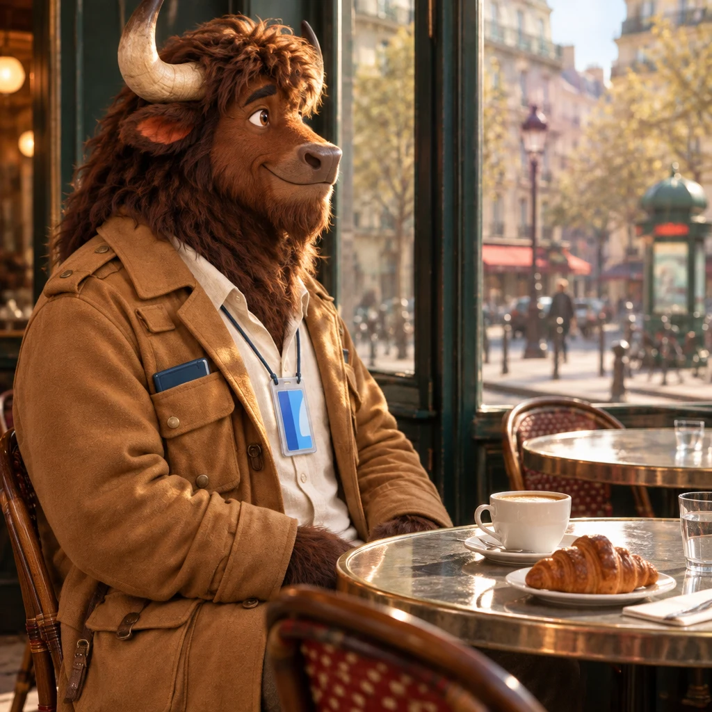 Gaspard in profile at the window-side table, giving a calm yes, croissant in reach and café crème untouched.