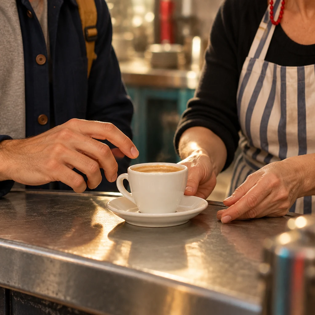 A tight view of a white cup just set on the zinc, Odile's hands leaving it and Sam's fingers hovering.