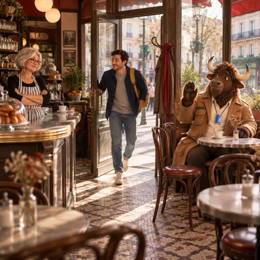Sam shoves the café door open too fast while Odile stands arms folded at the zinc and Gaspard sits by the window on two chairs with a raised hoof.