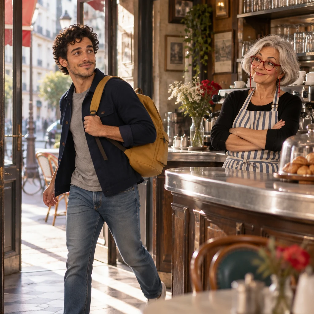 Sam turns toward the café door still in motion to leave, while Odile watches from the zinc with folded arms.