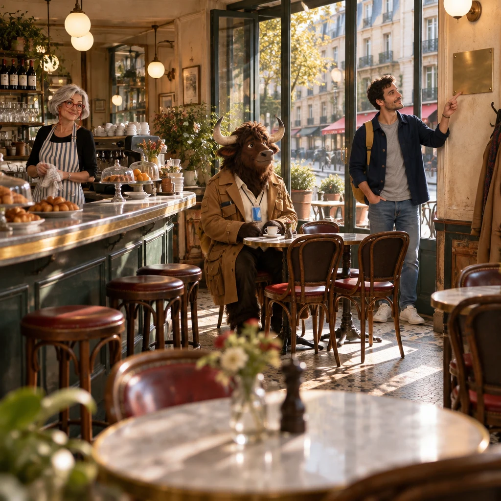 Sam points at a blank brass plaque by the window while Odile watches from the zinc and Gaspard sits on a pair of chairs looking at empty seats.