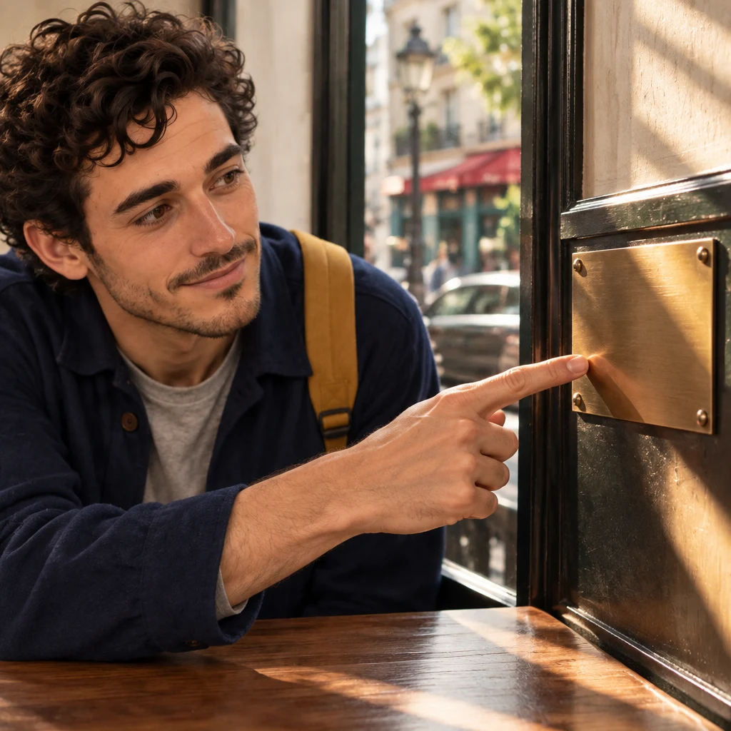Sam points a finger at the blank brass plaque beside the window table.