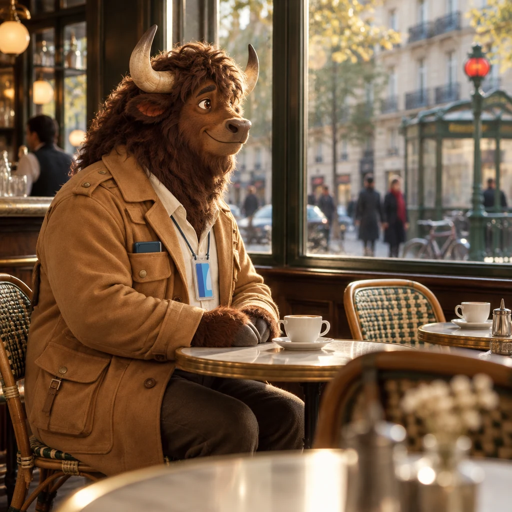 Gaspard sits in profile on a pair of chairs, café crème untouched, looking at empty seats.