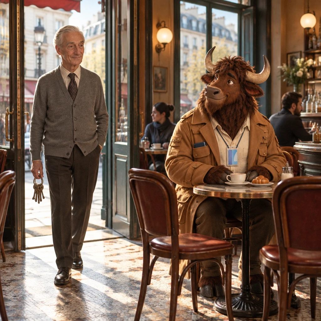 Monsieur Lefebvre steps in from the street while Gaspard turns on a pair of chairs and nods toward the door.