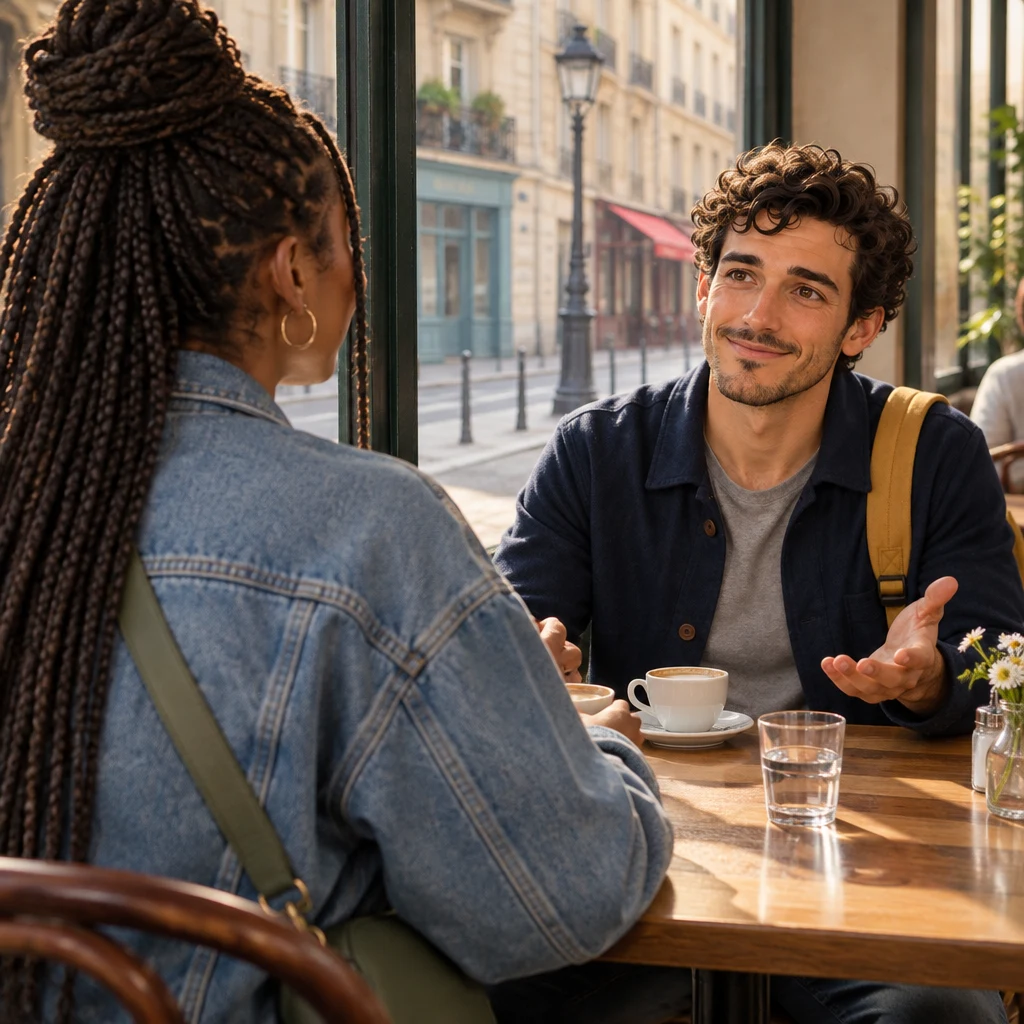 Over Inès's shoulder, Sam sits more upright and opens one hand toward the window as he asks where it happened.