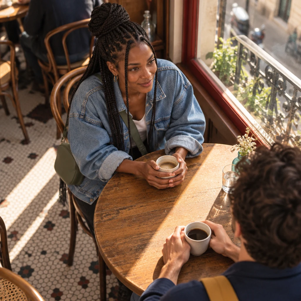From above, Inès leans in over the window table with both hands around a cup, telling what happened next.