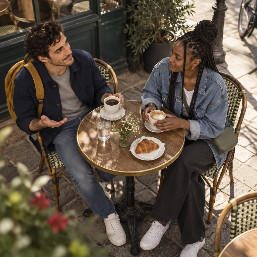 From high above, Sam sits back in the wicker chair with one palm up, asking Inès why that happened.