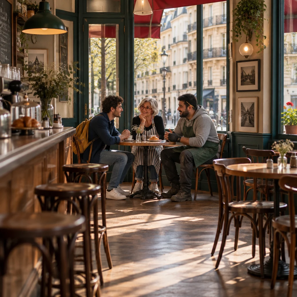 On Saturday morning Sam, Odile and Karim share a café table, small in the room, while a window table stays empty.