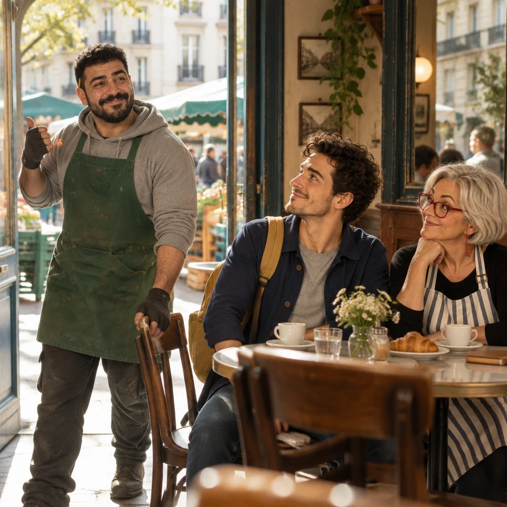 Karim comes in from the market, pulling out a chair and tipping a thumb toward the street.