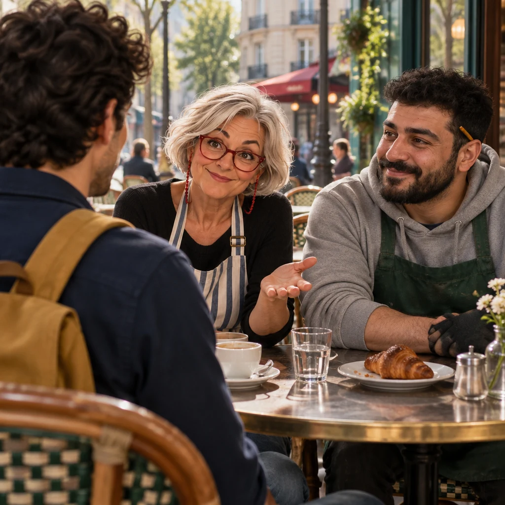 Over Sam’s shoulder, Odile leans across the table with an open-handed question while Karim turns to answer.