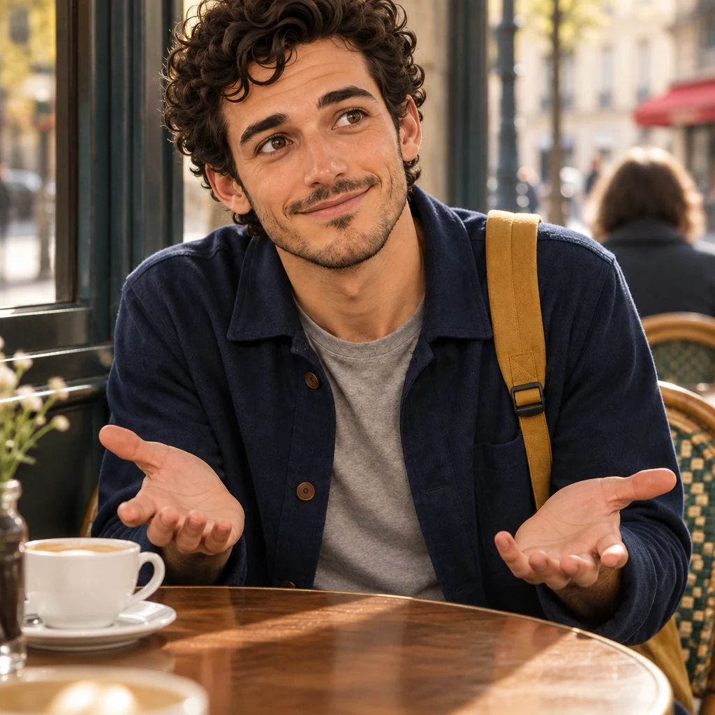 Sam’s open palms and a small shrug at the café table show that the habit is rare.