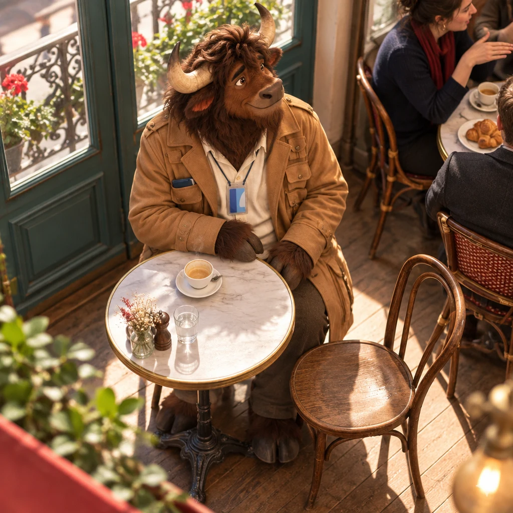 From above, Gaspard turns from the next table toward the talk, an unfinished café crème in front of him, keeping two chairs.
