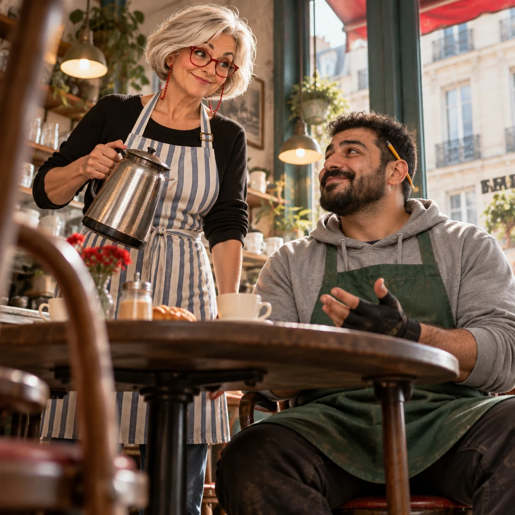 Odile stands beside the table with a coffee pot, nodding at a weekly count while Karim answers from his chair.