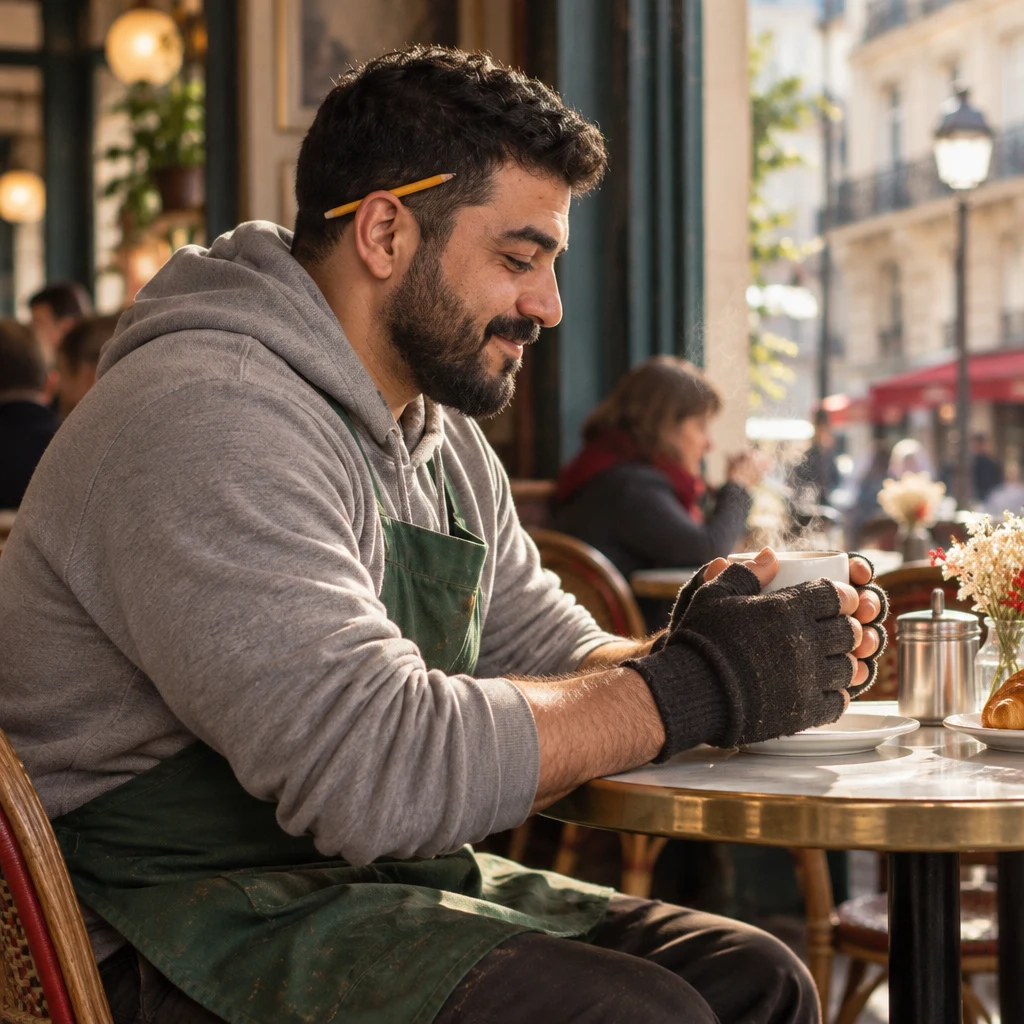 In profile, Karim sits with both hands around a cup, taking a long café pause from the market.