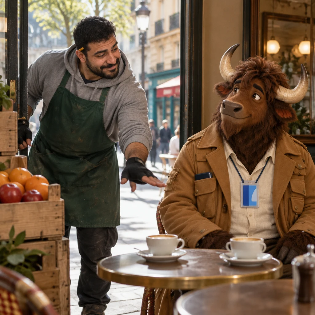 Karim leans in the café doorway with a crate of fruit and a firm correcting gesture about the price.