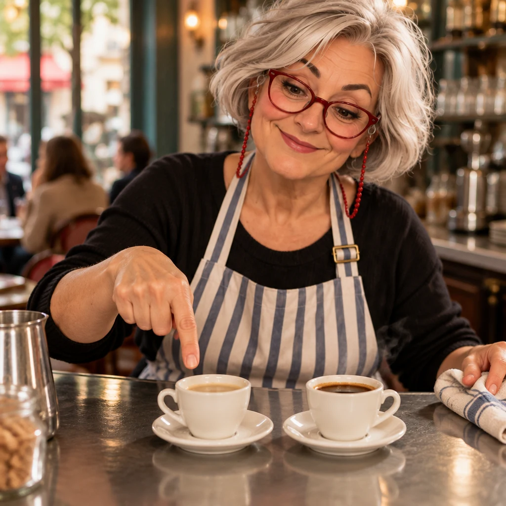 Close on Odile at the zinc as she indicates the paler, weaker cup of two coffees.