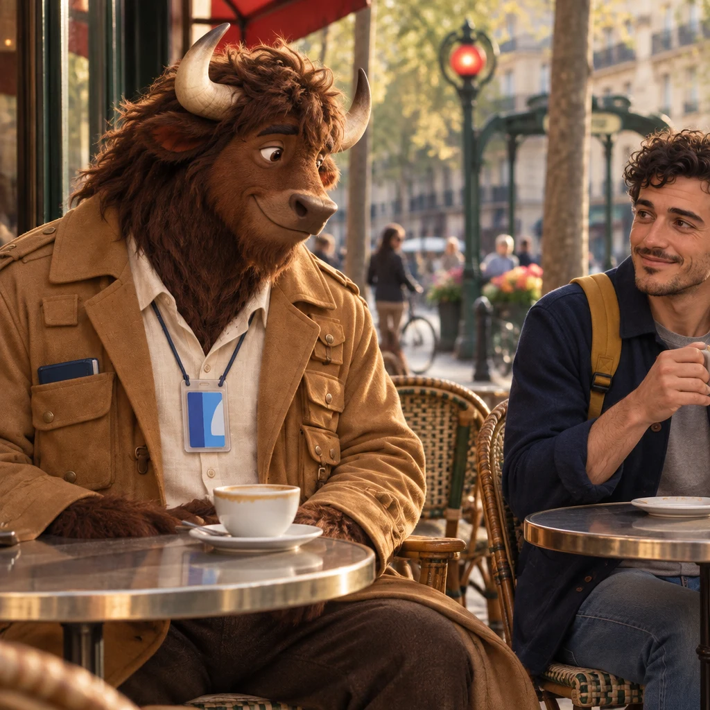 Gaspard looks from his café crème to the neighboring cup with equal approval.