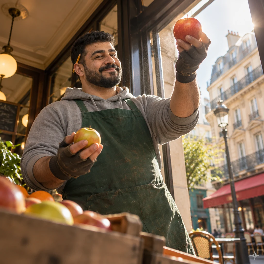 Karim holds two fruits and lifts one as the better of the pair.
