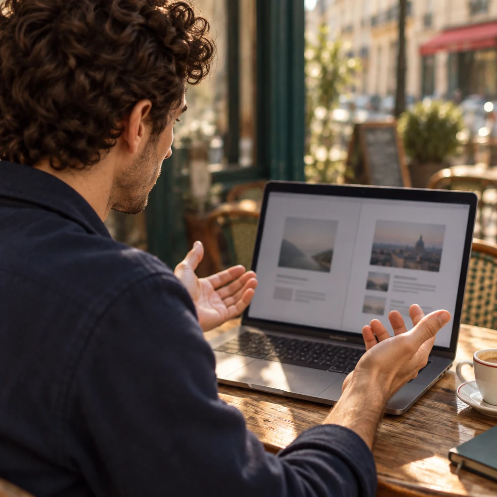 Sam holds both hands open over two side-by-side layouts on the café laptop as if weighing them.