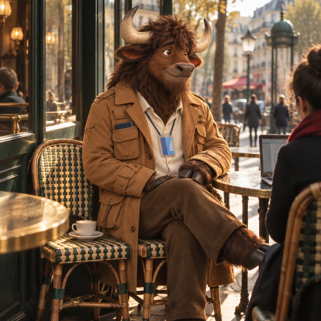 Gaspard sits in profile on two chairs by the café window and turns toward the table, café crème untouched.