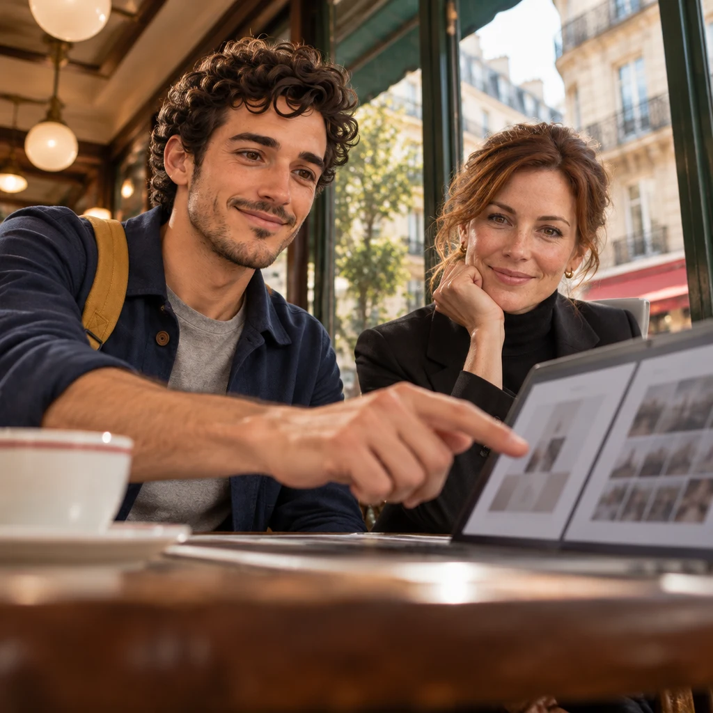 Sam taps the shorter, sparser layout on the laptop while Claire watches from across the table.