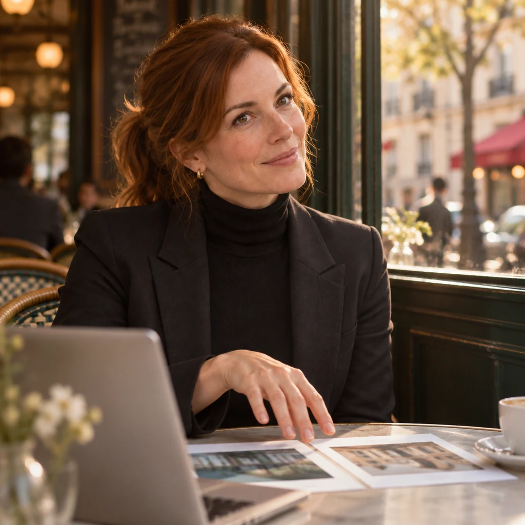 Claire looks up from the laptop with a questioning head tilt, one hand hovering over the layouts.