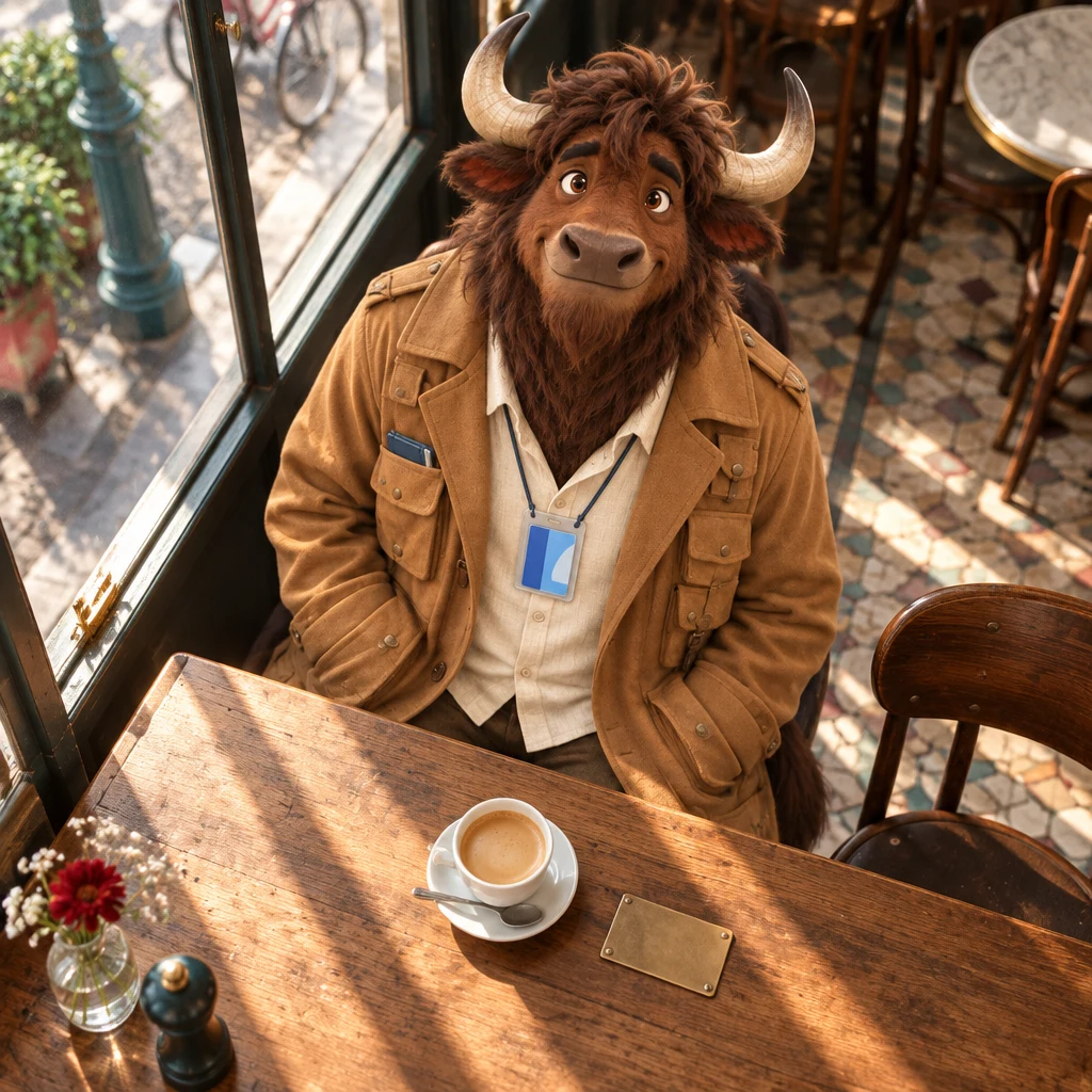 A high view of the window table where Gaspard stays on two chairs and the café crème is still full.