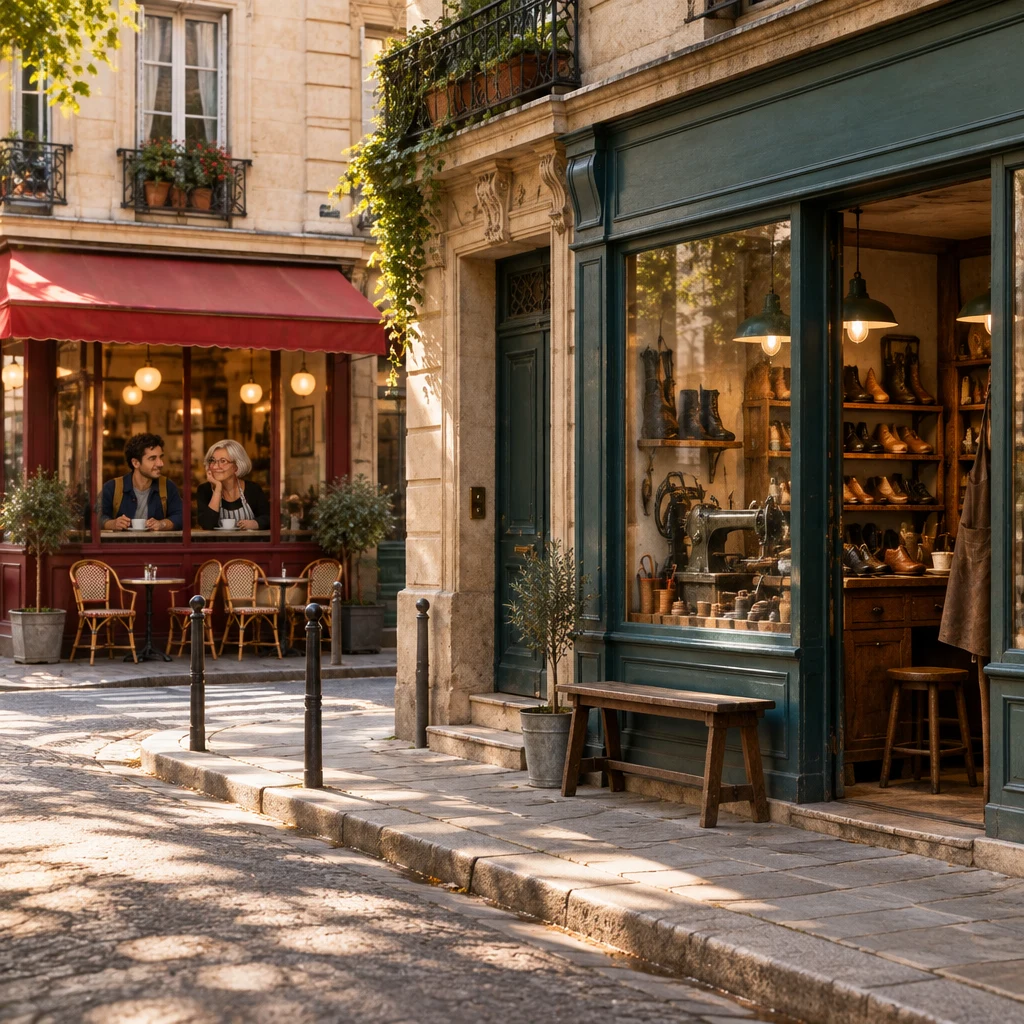 Detail of the empty still street and the shoe-repair shop under the walk-up, with Sam and Odile soft in the café windows.