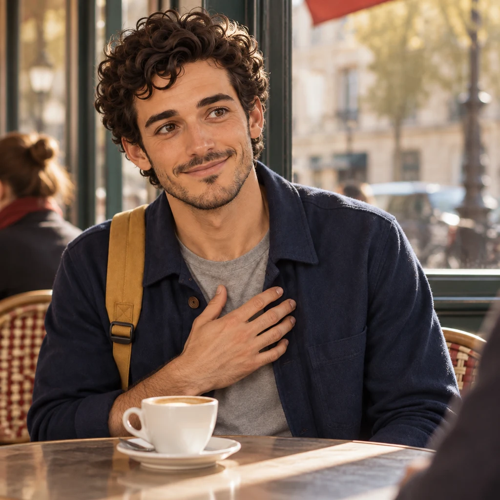 Close-up of Sam at the counter with one hand on the chest, looking toward Odile.