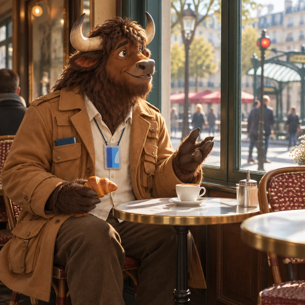 High angle of Gaspard on two chairs by the window, one hand lifted, with an untouched milky coffee and a croissant on the table.