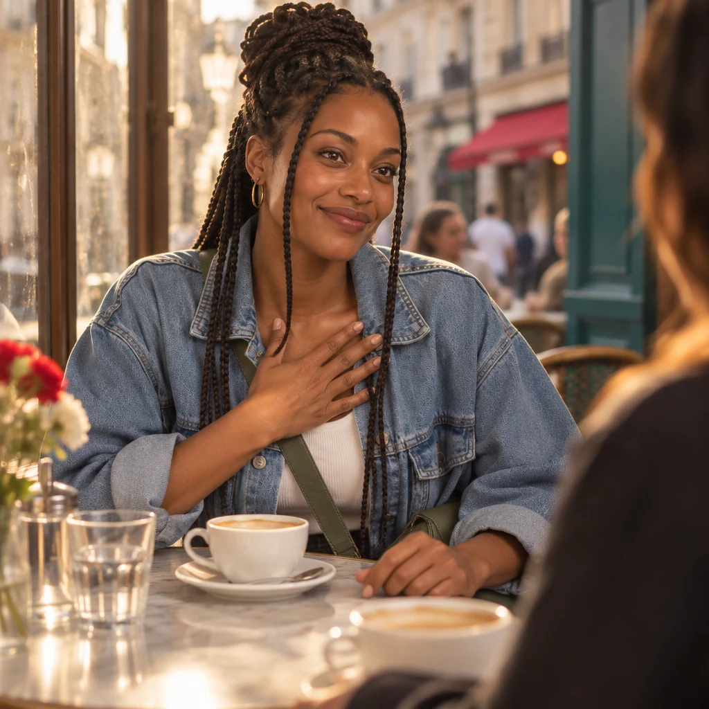 Close-up of Inès leaning in over the table with one hand resting on her chest.