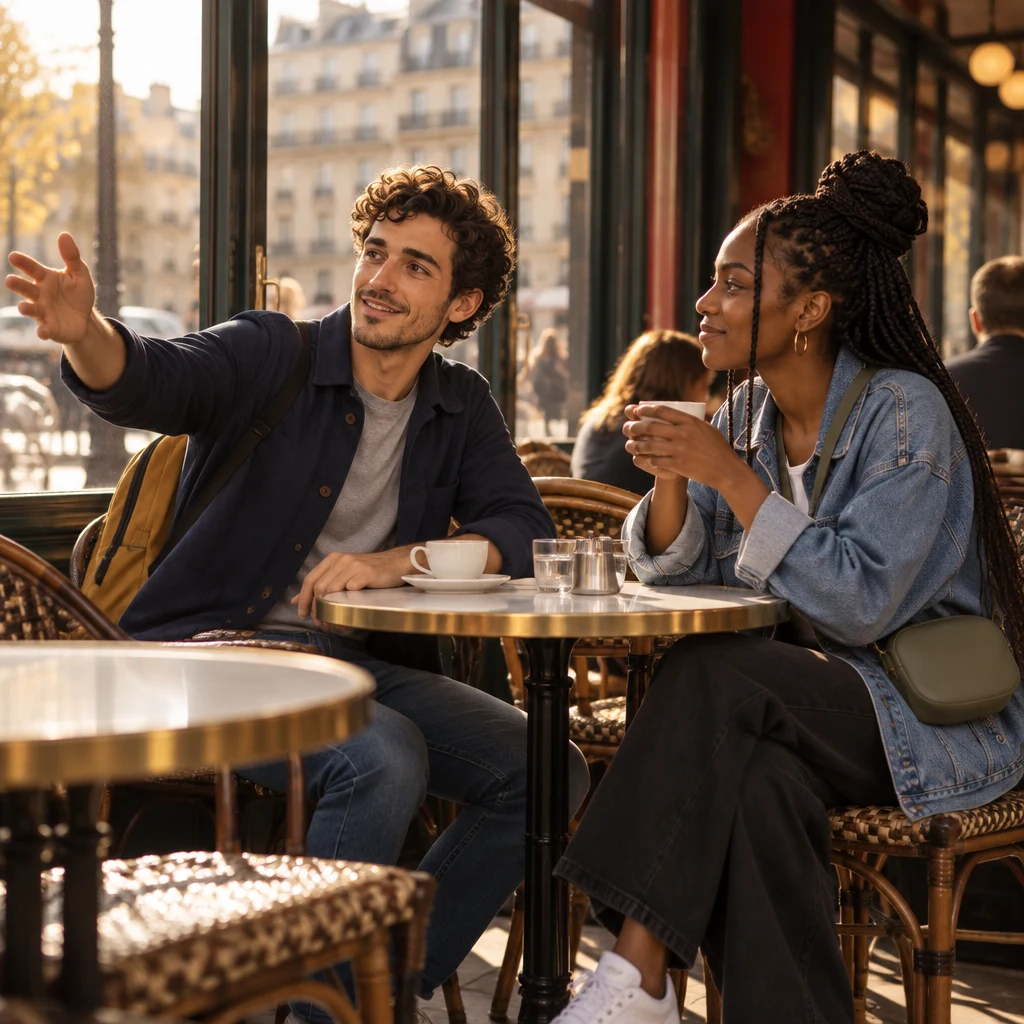 Medium-wide side view of Sam reaching toward the window as if placing a town far away, Inès listening across the table.