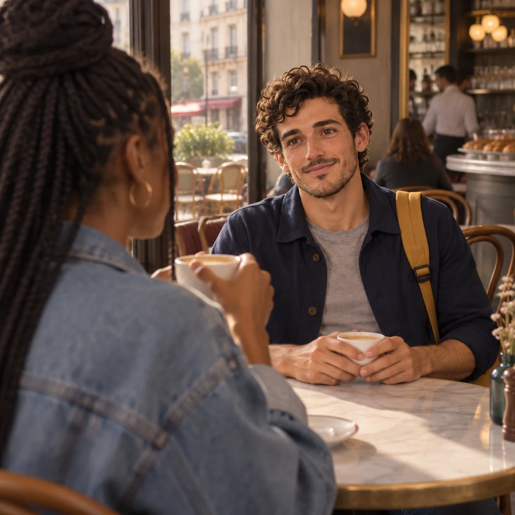 Over-the-shoulder from Inès toward Sam, who sits back with both hands around his cup and gives a small nod.